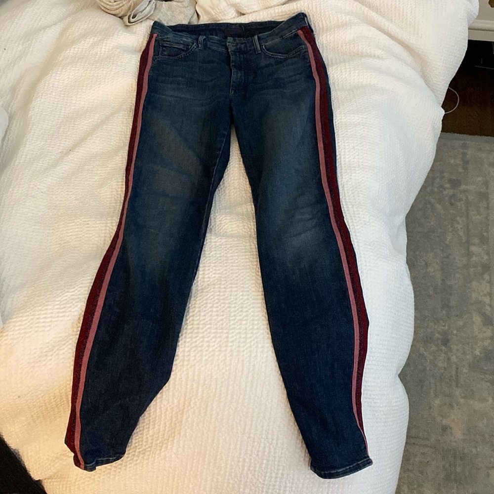 Mother high waisted looker jeans “here kitty kitty glitter racer” stripe detail